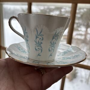Elizabethan Fine Bone China Taylor Kent Teacup Saucer Teal Blue White Scalloped